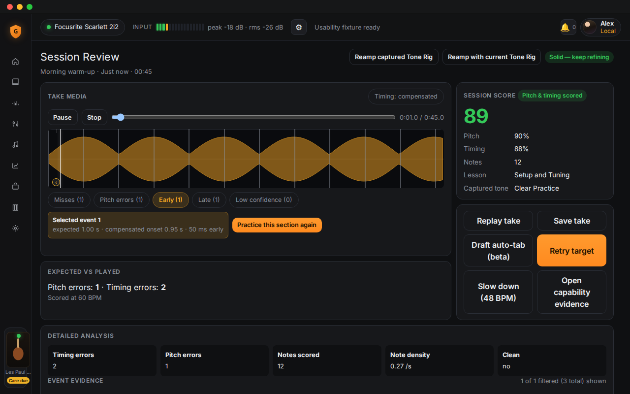 GuitarGod Session Review showing waveform, score, and a selected early timing event