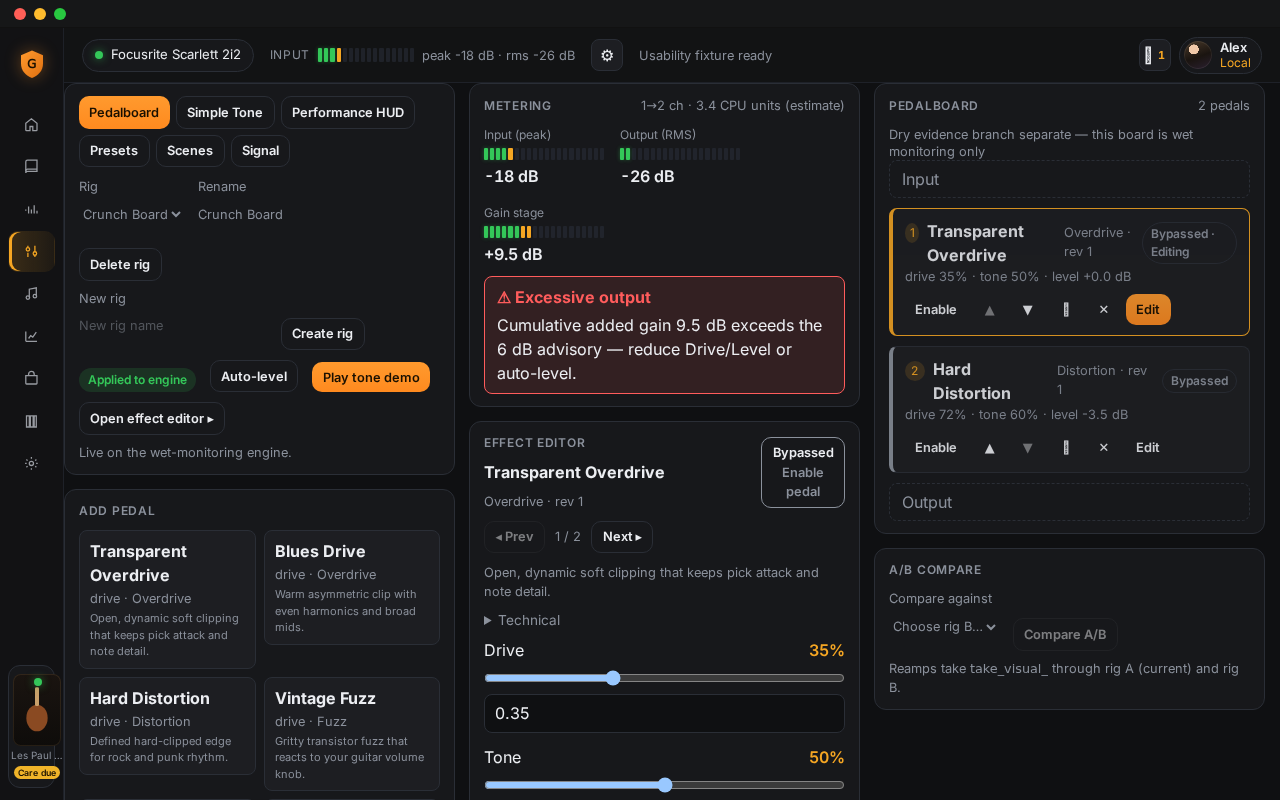 Tone Studio showing pedalboard, effect editor, metering, and excessive-output warning